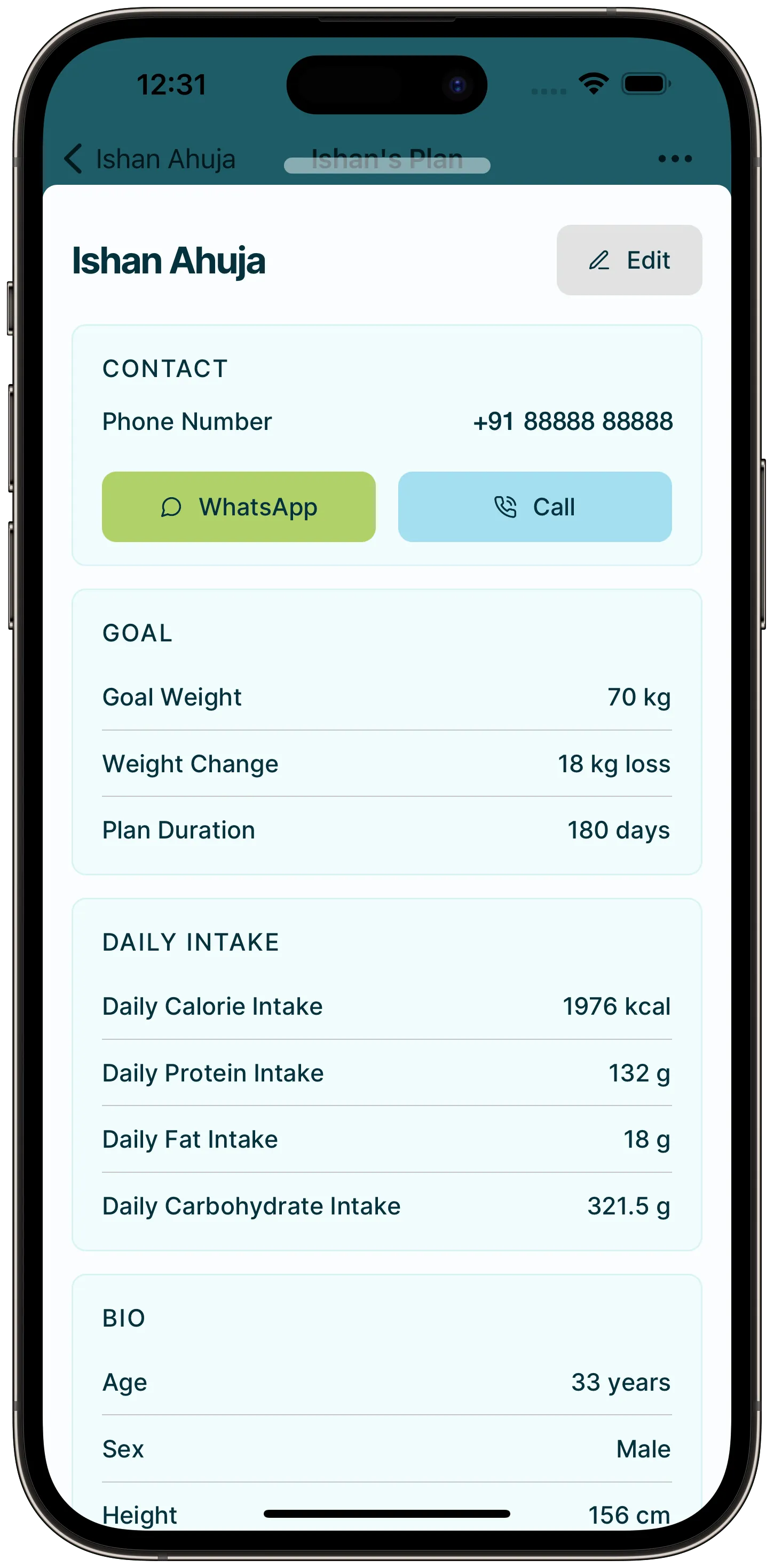 Client Profile Screen for Nutritionists’ Reference